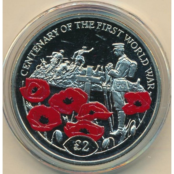 2 pounds , Territori Britànic de l'Oceà Índic (Centenari de la Primera Guerra Mundial - Tomba del Soldat Desconegut, Acolorit)