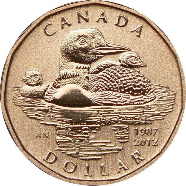 1 dollar , Canadà (25è aniversari - Moneda "LOONIE" d'un dòlar /Cabussó i dues cries/)